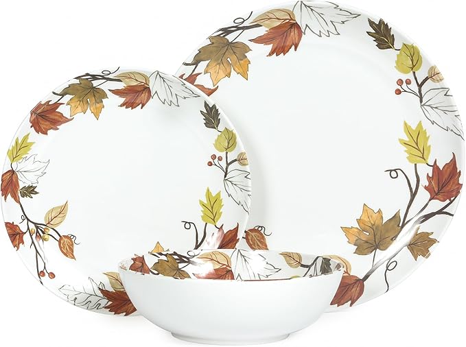 Melamine Dinnerware Sets 12 Pcs, Melamine Plates and Bowls,Party Plates and Bowls Sets, Camping Dishes Set for 4, Unbreakable, BPA Free, Dishwasher Safe（Yellow Maple Leaves）