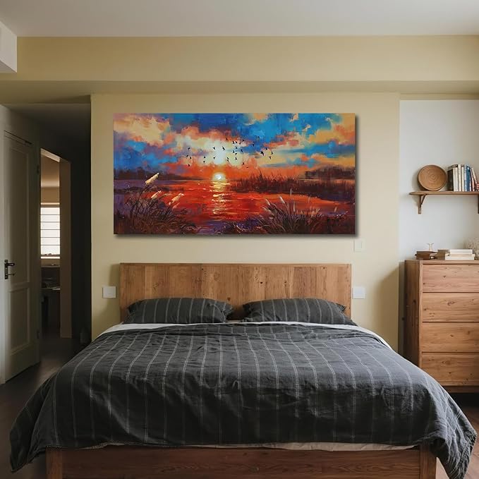 Anolyfi Red Sunset Reed Canvas Wall Art for Living Room, Sunset over the Lake Wall Decor Decorative Painting Large Artwork for Men Room Hallway Bedroom Kitchen Office Home Decor 40"x20"