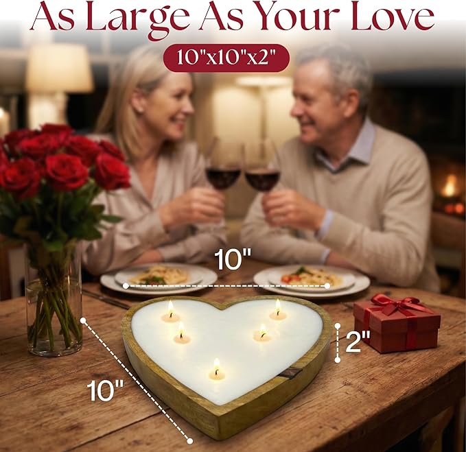 Dough Bowl Candle Co. Rose Candle - 10x10x2 Large Heart Shaped Scented Soy Candles for Women, Valentines Day Decor Gifts for Home, 5 Wick White Decorative Natural Aromatherapy, 30 Hour Burn Time