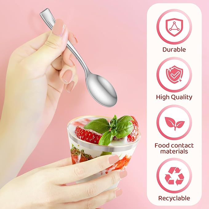 Jinei 50 Sets 9 oz Silver Plastic Dessert Cups with Dome Lids Spoons Rimmed Clear Disposable Plastic Fruit Cups with Lids for Yogurt Parfait Pudding Cupcake Ice Cream Party Wedding Reception