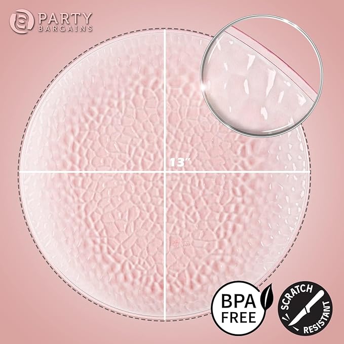 PARTY BARGAINS 13-Inch Charger Plates - 16 Pack, Hammered Pink, Heavy-Duty Disposable Chargers for Elegant Dining - Ideal for Weddings and Formal Events