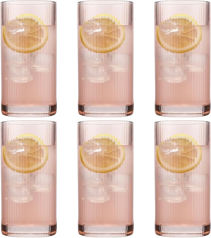 Physkoa Peach Ribbed Drinking Glasses Set of 6 – Vintage Embossed Highball by Physkoa