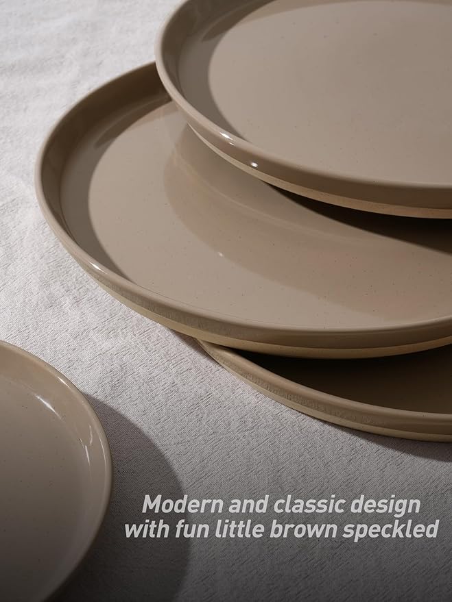 Famiware Saturn 16 Pieces Plates and Double Bowls Sets for 4, Stoneware Dinnerware Set with Pasta Bowl, Dish Set with Trim - Chip & Scratch Resistant, Microwave & Dishwasher Safe, Cinnamon Brown