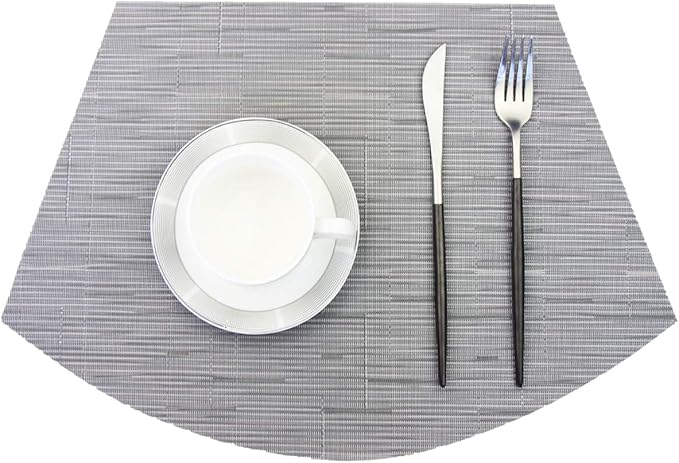 PIGCHCY Wedge Shaped Placemats for Dining Table Cross-Weave Washable Vinyl Placemat Heat Resistant Round Table Mats Set of 4 (Silver Grey)