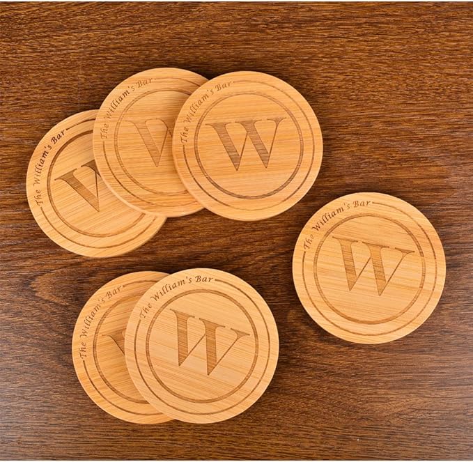 Personalized Bamboo Coasters, Custom Engraved Monogram Coasters with Holder, Great Gifts for Relatives, Friends or Yourself (Set of 6)