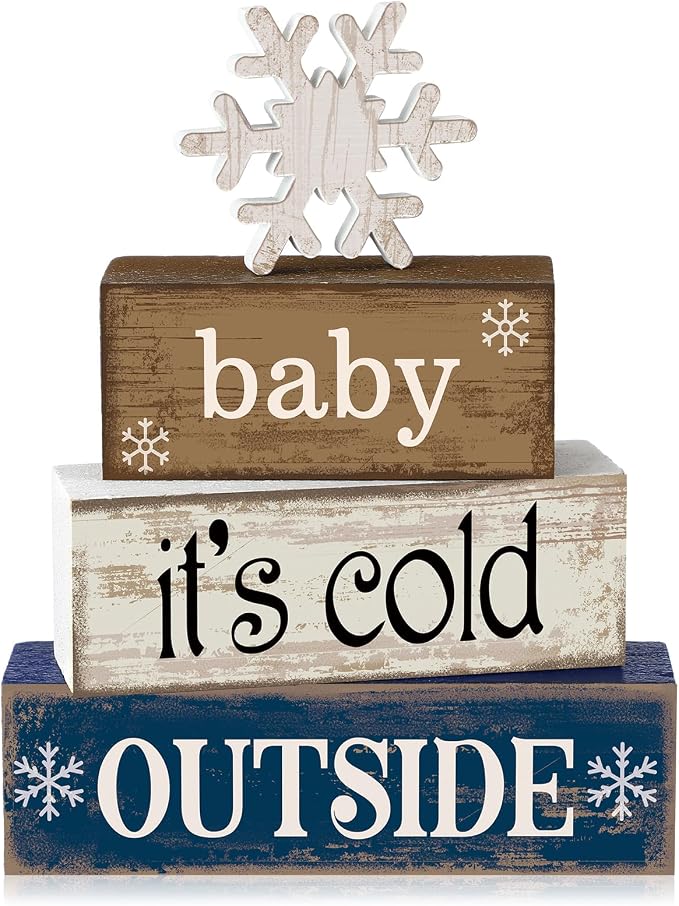 Moucuny 4 Pcs Christmas Table Decoration Winter Wooden Stacked Block, Baby It's by Moucuny