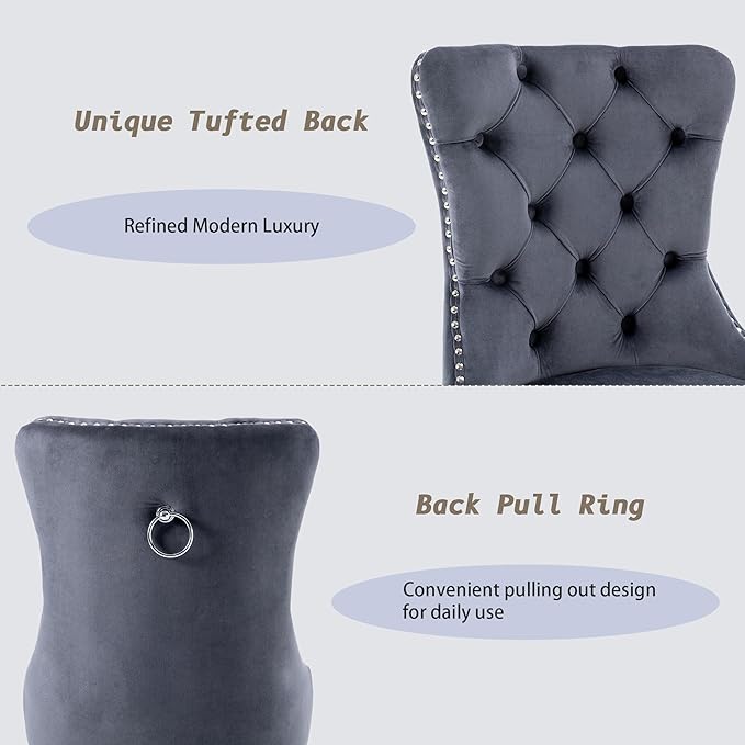 KCC Velvet Dining Chairs Set of 4, Upholstered High-end Tufted Dining Room Chair with Nailhead Back Ring Pull Trim Stainless Steel Legs, Contemporary Nikki Collection Modern Style for Kitchen, Gray
