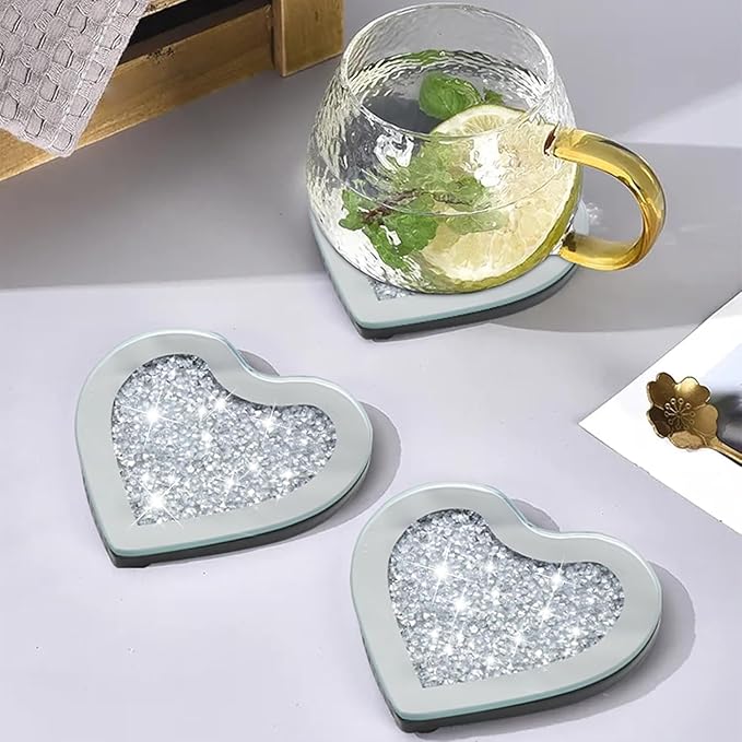 Crushed Diamond Crystal Glass Mirrored Heart Love Coasters Set of 4 Glittering Bling Silver TRENDZY ® Drink Wine Coasters for Home Kitchen Bar & Restaurant Home Decor Birthday Wedding (Heart)
