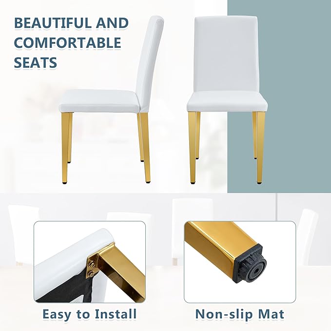 White Dining Chairs Set of 4,Faux Leather with Gold Metal Legs,Armless Kitchen Room Chairs Set of 4,Max Load 300 Lbs,High Back Modern Design for Home Kitchen Living Room Bedroom