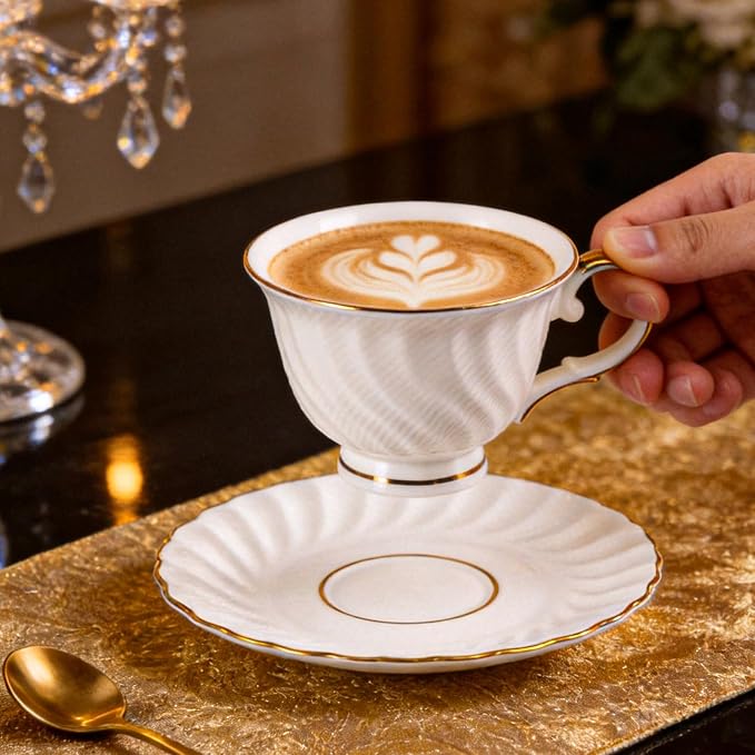 KAMMAK Tea Cups and Saucers Set of 2, Fine Bone China Coffee Cups, GH023 | - Image 3