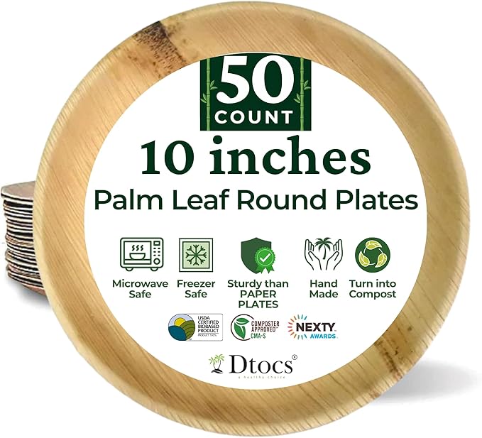 Dtocs Palm Leaf Plates 10 Inch Round (50) | Bamboo Plates Disposable Like Compostable Dinnerware Set for Party, Dinner, Serving Platters, Charcuterie Boards | Alternate to Plastic, Wood, Paper Plate