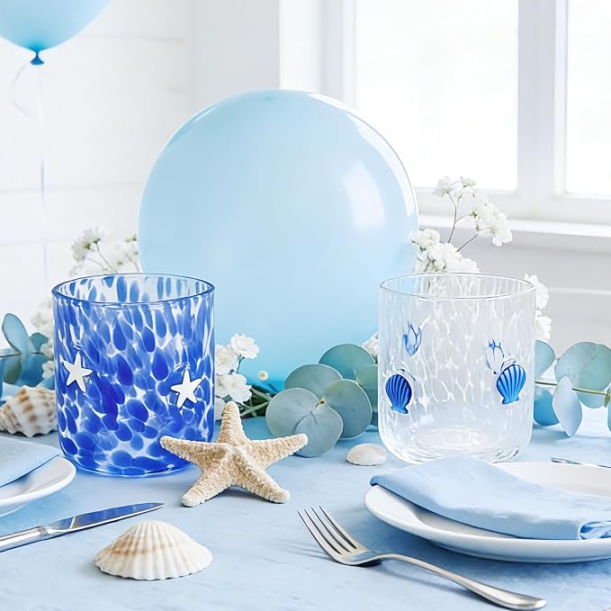 Whaline 2Pcs Ocean Icon Juice Glass 14 Oz Wine Glass White Dark Blue Seashell - Image 5