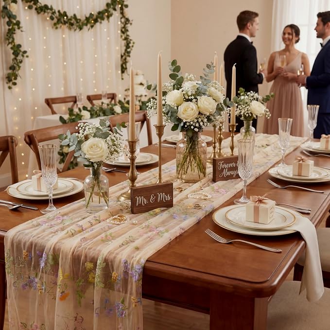Champagne Floral Table Runner 10ft Embroidery Tulle Spring Wildflower Table - Image 5