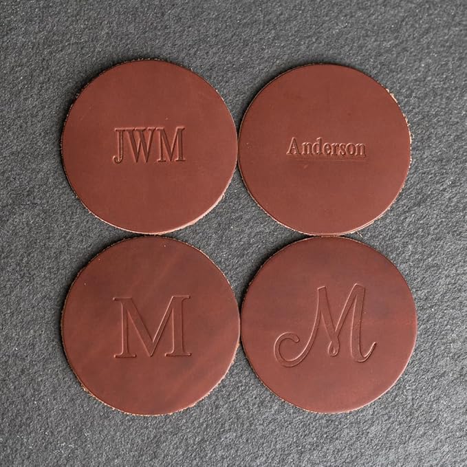 Ox & Pine Personalized Leather Coaster - Sold Individually or in Sets of 4 - Customize Inscription - 100% Full-Grain Leather – 4" Round or 4" Square (Round, Black, Set of 4 Coasters)