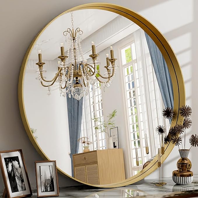 24 Inch Round Bathroom Mirror - Wall Mounted Circle Mirror with Metal Frame, Modern Mirror Suitable for Bathroom, Vanity, Entryway, Living Room, Wall Decor,Gold
