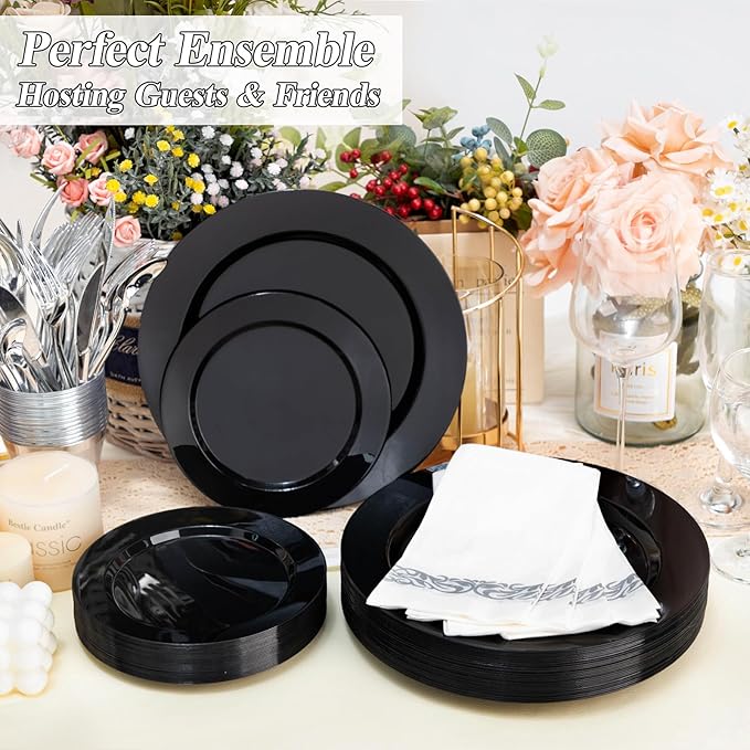 BESTSTAR 100PCS Black Plastic Plates Set | 50 10.25 inch Dinner Plates and 50 - Image 3