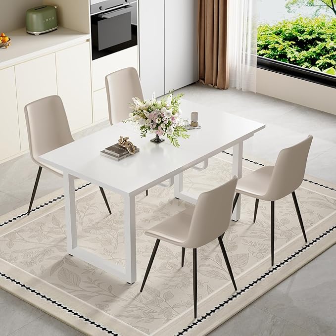 Extendable Dining Table Set for 4, 55"–71" Modern White Kitchen Table with 4 Upholstered Chairs, Space-Saving for Living Room Apartment, Sturdy & Comfortable, Easy Assembly