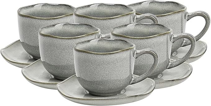 Organic Shape Highland Ceramic Coffee Cup and Saucer, 6pcs 8oz Handmade Reactive Glaze Saucer Sets with Wavy Edge, for Kitchen, Microwave & Dishwasher Safe, Scratch Resistant-grey