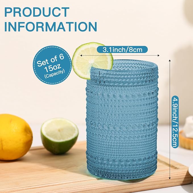 JOVGANK Blue Vintage Hobnail Drinking Glasses Set of 6, Water Tumbler 15oz - Image 2