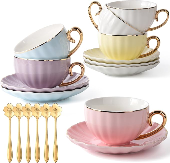 ICHAG 18-Piece Bone China Cup and Saucer Set, 7.7oz Pumpkin Coffee Cups by ICHAG