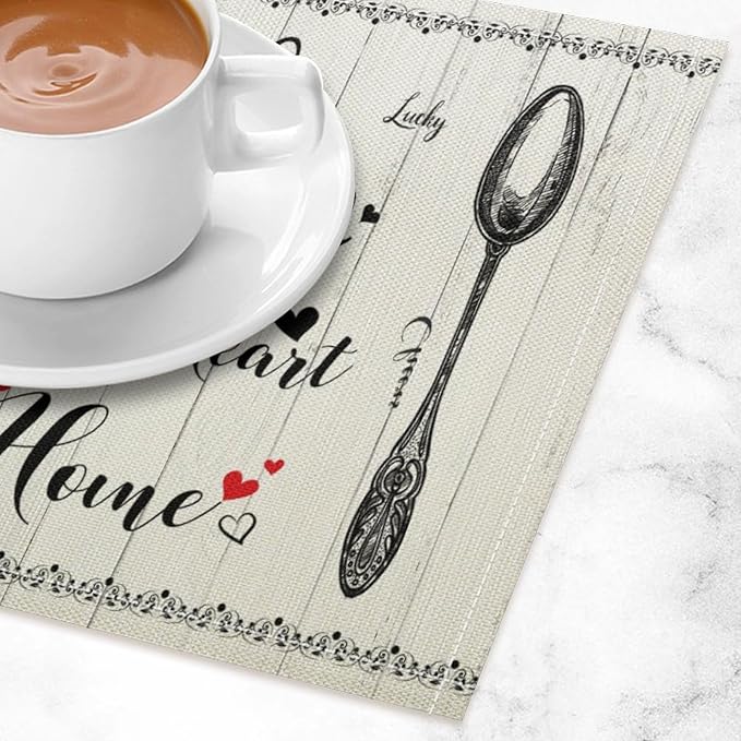 Retro Farmhouse Placemat Set, Minimal Black White Rustic Plank Art Sketch Cutlery Knife Fork Inspirational Quotes Pattern Home Decor Linen Table Mats for Dining Room Kitchen Party (17x12in) x2P