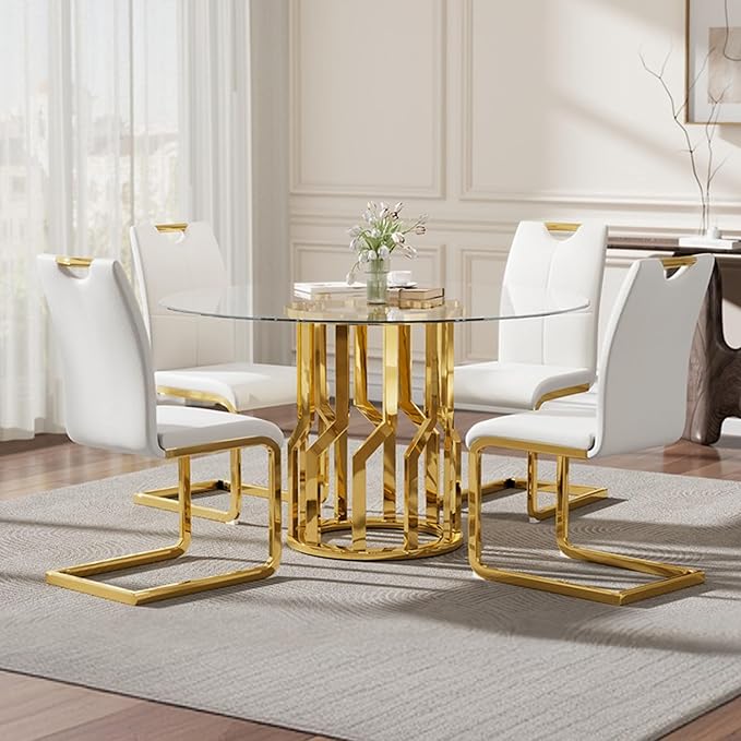 47.2" Round Glass Dining Table Set for 4, Modern 5 Piece Kitchen Table Set with Gold Stainless Steel Base & 4 PU Leather Accent Chairs, Saving Space, Dining Set for Apartment, Home - White Chair
