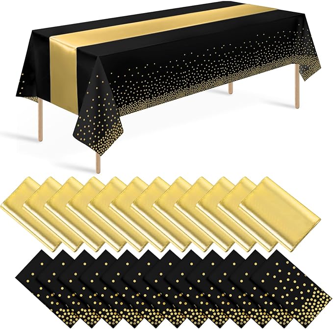 24 Pack Black and Gold Tablecloth and Table Runner Set Party Decorations by Zachely