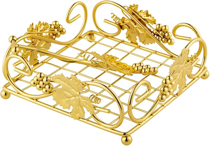 Flat Napkin Holder for Table Gold With Weight Arm for Kitchen Courtertops Dinning Table Grape Leaf Modern Tissue Dispenser Stainless Steel Gilding (7" L X 7" W X 2.5" H)