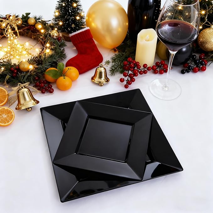 Liacere 60PCS Black Plastic Plates - Premium Square Disposable Plates - Include 30PCS 9.5inch Dinner Plates - 30PCS 7inch Dessert Plates for Party & New Year & Father's Day