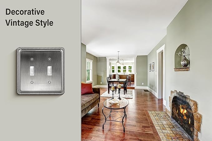 Henne Bery Rope Edge Decorative Wall Plate Switch Plate Outlet Cover (Double Toggle, Heirloom Silver)