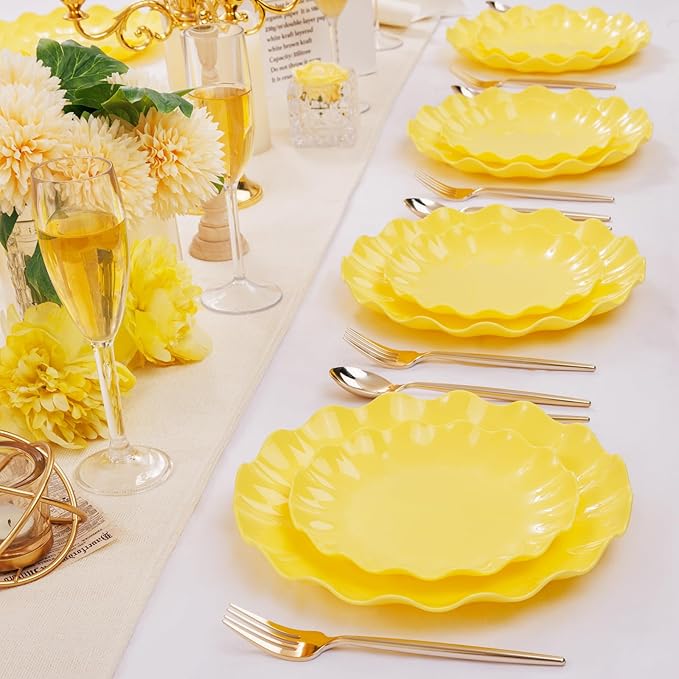 LIYH 24 Pcs Yellow Plastic Plates Reusable, Unbreakable Dinner & Salad Plate, Microwave & Dishwasher Safe, Scalloped Reusable Plastic Plates for Party, Birthday, Picnics (12Guests)