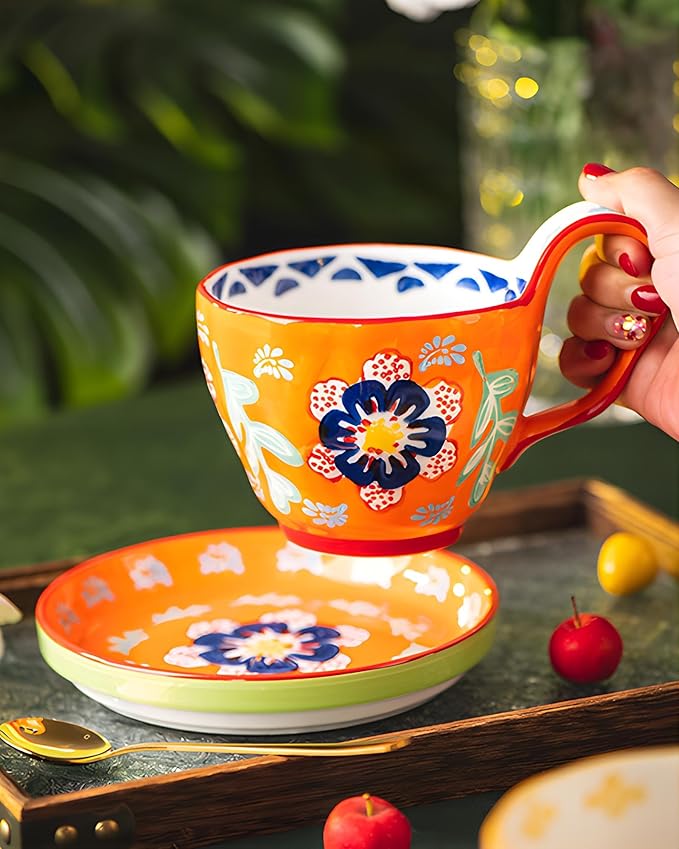 25oz Ceramic Soup Bowl with Handle – Handcrafted Floral Pottery Cereal & Ramen Bowl – Large Microwave & Dishwasher Safe Decorative Bowl for Everyday Use or Gift (Sunset Fiesta, 20oz)