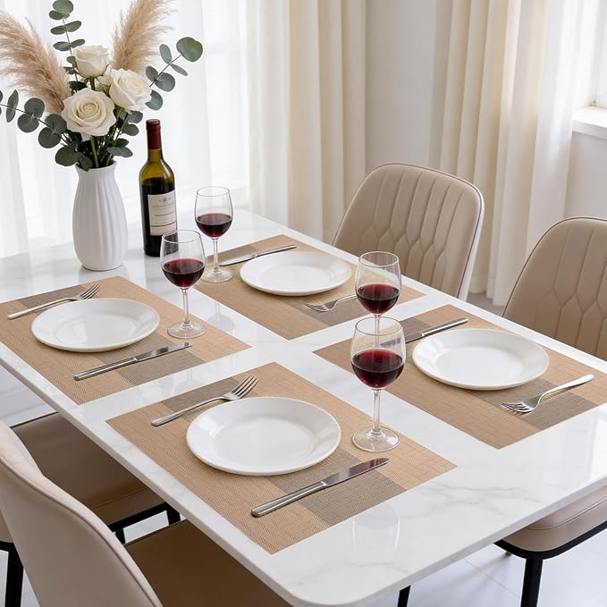 Timeet Placemats Set of 8, Heat Resistant Non-Slip Place Mats for Dining Table, Durable Washable PVC Vinyl Woven Table Mats, Resistant Kitchen Placemats Easy to Clean(Beige & Gray
