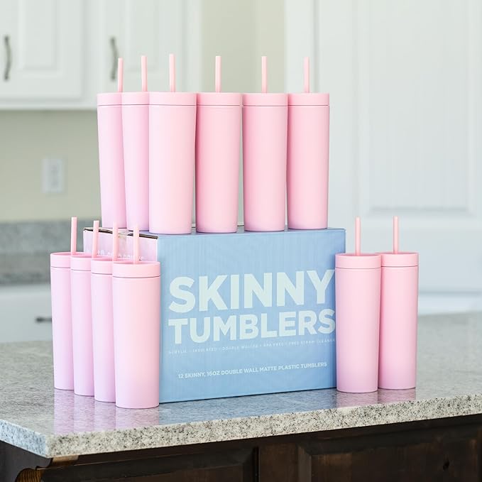 STRATA CUPS Pink Skinny Tumblers with Lids and Straws (12 pack) - 16oz Double Wall Acrylic Tumbler, Tall Matte Skinny Tumblers, Bulk with Free Straw Cleaner, Reusable Cups