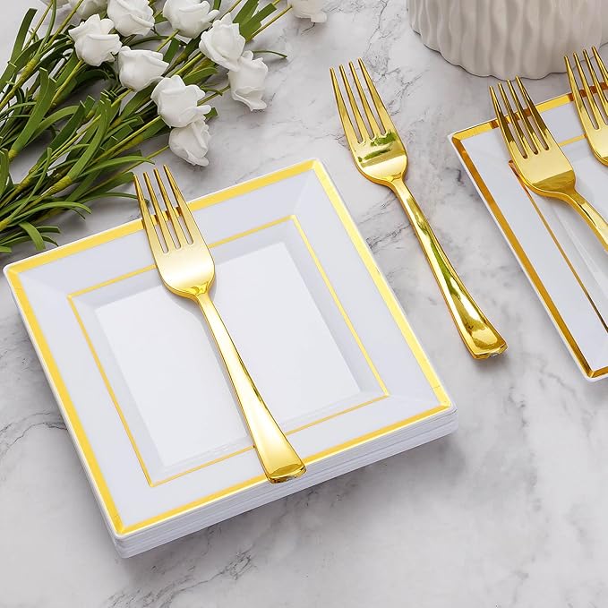 Goodluck 120PCS 6.5" Square Gold Dessert Plastic Plates with 7.4" Forks, Gold Appetizer Plates for 60 Guests, Including 60 Disposable Cake Plastic Plates and 60 Forks for Wedding/Birthday Party