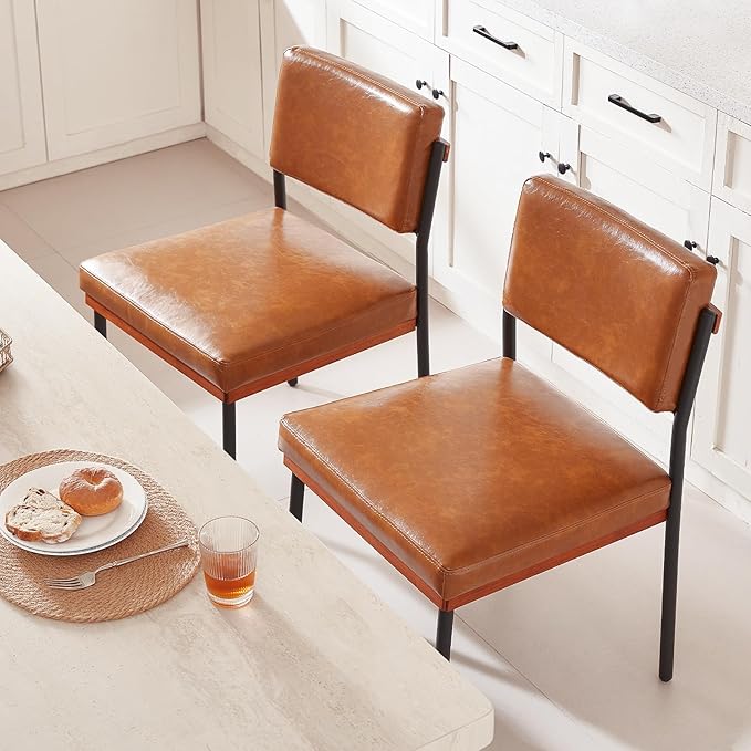 Modern Dining Chairs Set of 4, Kitchen Chairs with Thick Cushions and Adjustable Foot Pads, Upholstered Faux Leather Dining Room Chairs with Sturdy Metal Legs,Brown