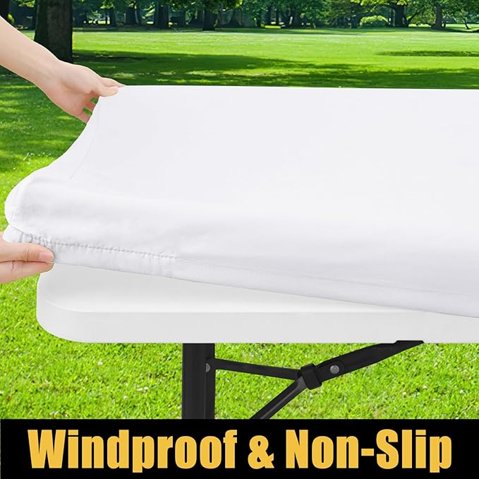 Smiry Rectangle Picnic Table Cloth, Waterproof Elastic Fitted Tablecloths for 5 Foot Tables, Washable Polyester Table Cover for Camping, Indoor and Outdoor (White, 30"x60")