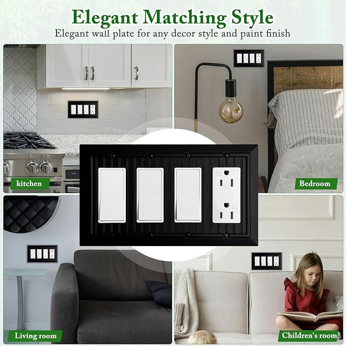 Beadboard Outlet Covers Wall Plates, Bamboo Fiber Light Switch Covers, Natural Material Electric Receptacle Decorative Switch Plate Outlet Cover Matte Black (4 Gang Decorator 1 Pack)