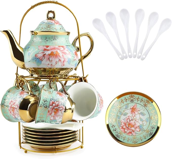 20Pcs Porcelain Tea Set with Metal Holder and Spoons, Floral Tea Sets by KUK