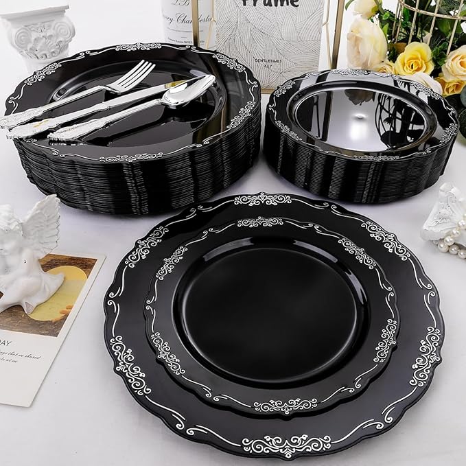 DaYammi 150 Pcs Black Silver Plastic Plates & Silver Plastic Silverware,Black silver Disposable plates for Include 30 Dinner Plate,30 Dessert Plate,30 Knives,30 Forks,30 Spoons for Party Wedding