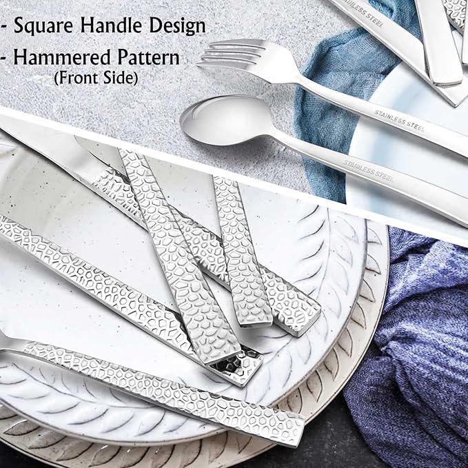 E-far 80-Piece Hammered Silverware Set, Stainless Steel Square Flatware Set - Image 5
