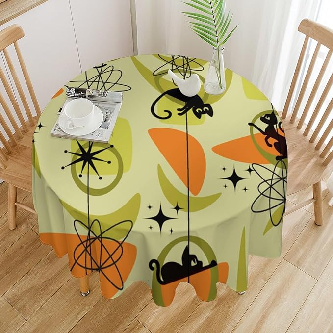 Mid Century Black Cat Round Tablecloth, Vintage Modern Bohemian Abstract Geometric Retro Art Tablecloth for Home Party Dining Room Kitchen Decor 60Inch(152cm)