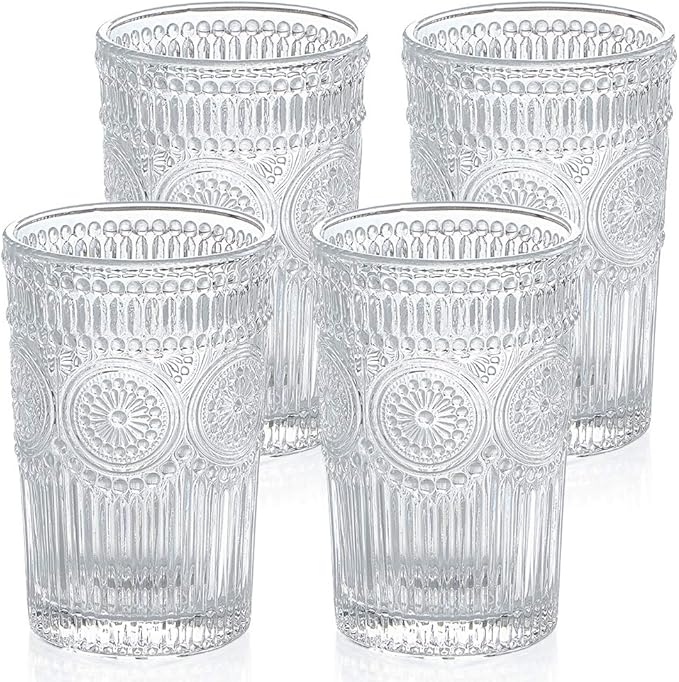 MDLUU Embossed Water Glasses, Romantic Glassware, Vintage Drinking Glasses, Glass Tumblers for Juice, Beverages, Cocktail, Capacity 12.5oz/370ml, Set of 4