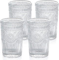 MDLUU Embossed Water Glasses, Romantic Glassware, Vintage Drinking Glasses, Glass Tumblers for Juice, Beverages, Cocktail, Capacity 12.5oz/370ml, Set of 4