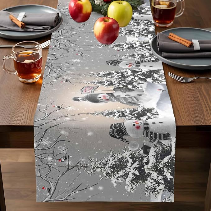 Christmas Snowman Table Runners 120 Inches Long, Cotton Linen Fabric Snowflake - Image 7