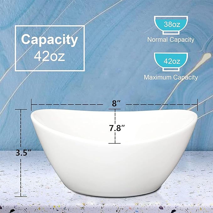 GarveeHome 8 in Ceramic Deep Soup Bowls & Salad Bowls - 42 oz Large Bowls Set of 4 for Kitchen - White Ceramic Serving Bowls for Salads, Cereal, Soup, Dishwasher & Microwave Safe