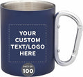 Custom Stainless Steel Mugs with Carabiner Handle 10 oz. Set of 100, Personalized Bulk Pack - Perfect for Coffee, Soda, Other Hot & Cold Beverages - Navy Blue