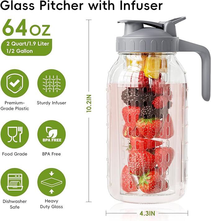 Glass Mason Jar Pitcher, 64 oz Wide Mouth Jug | Dual leak-proof lid - Image 2
