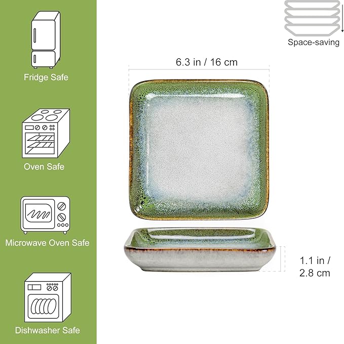 HENXFEN LEAD Small Square Ceramic Plates 6.3 Inch – Dessert, Appetizer & Snack Plates Microwave & Dishwasher Safe – Set of 4, Reactive Glaze Green