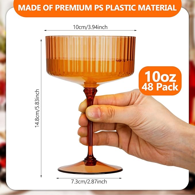 48 Pcs Ribbed Martini Glasses 10 oz Disposable Plastic Vintage Ribbed Coupe Glasses Unbreakable Dessert Parfait Glassware for Wedding Birthday Party Supplies (Classic Color)